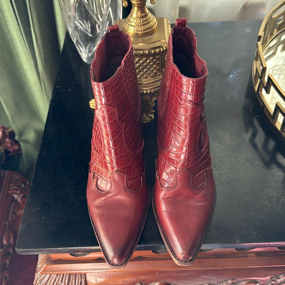 Burnt Red animal embossed leather  Sam Edelman 3” heeled booties